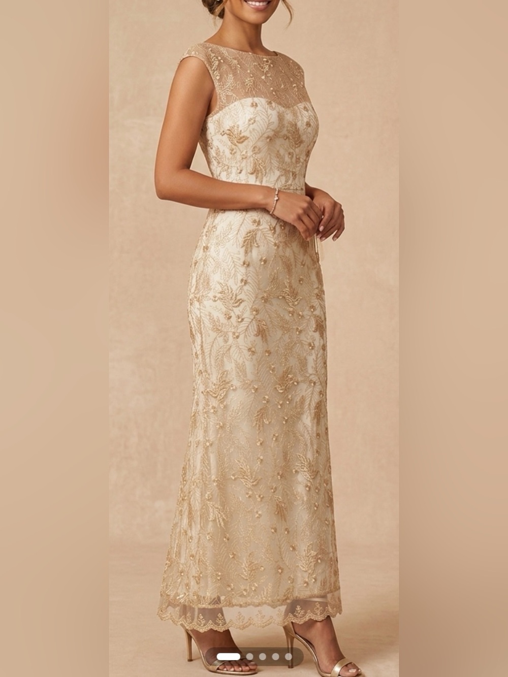 Champagne Sleeveless Sheath Dress with Gold Embroidered Overlay #385 - Picture 5 of 13